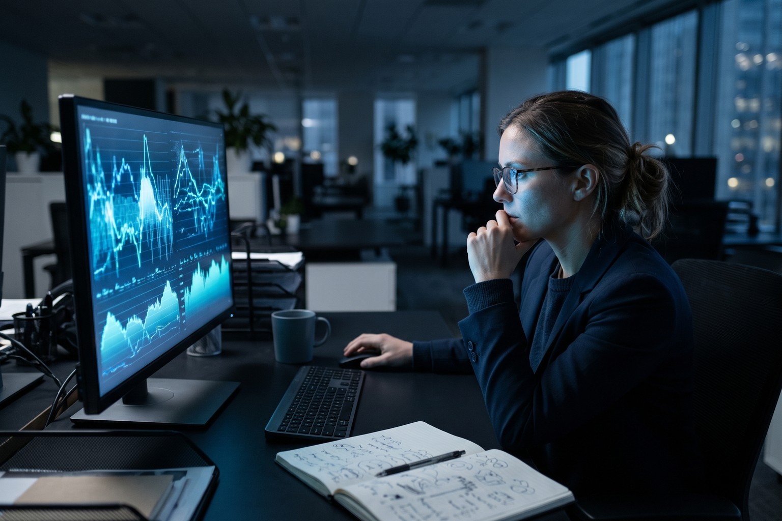 Researcher reading evaluation results during an Origins AI fine-tuning run in a United States office