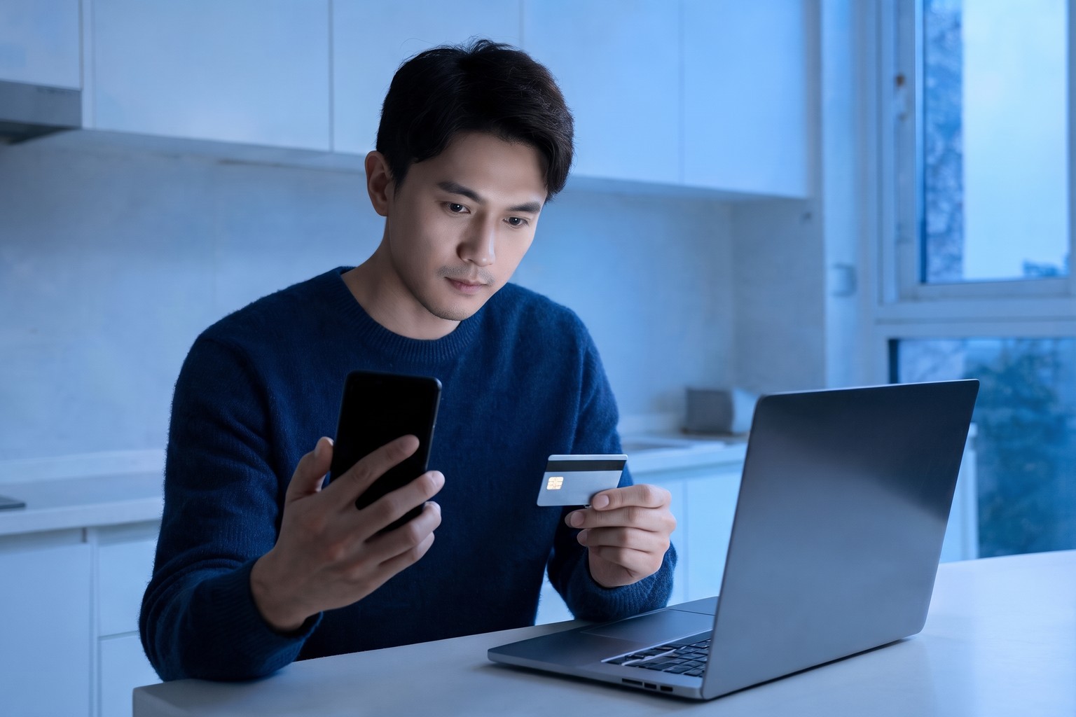 United States cardholder at home weighing an app alert against a voice callback from an Origins AI fraud-alert agent