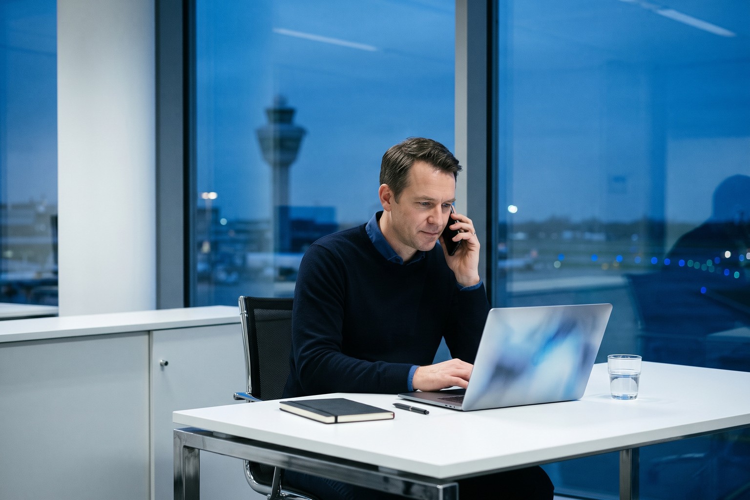 Travel operations lead in a US office near an airport on a call, weighing a self-hosted Origins AI voice agent