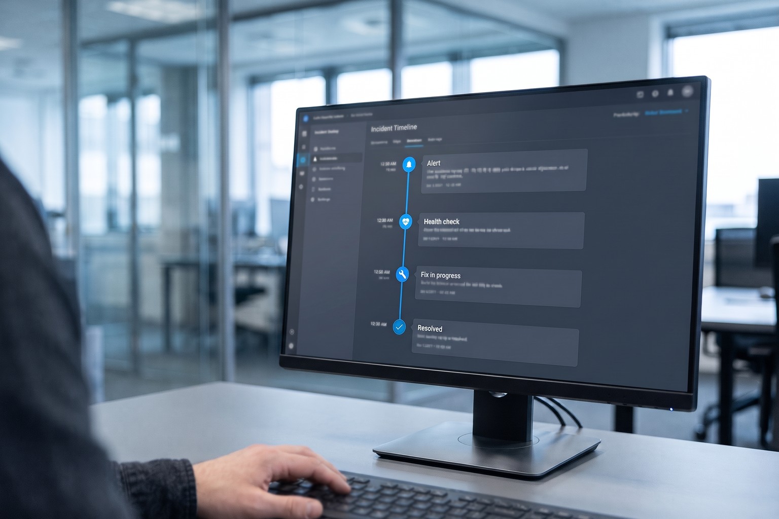 Incident timeline from alert to health check, fix and resolution during an Origins AI incident agent rollout in the United States
