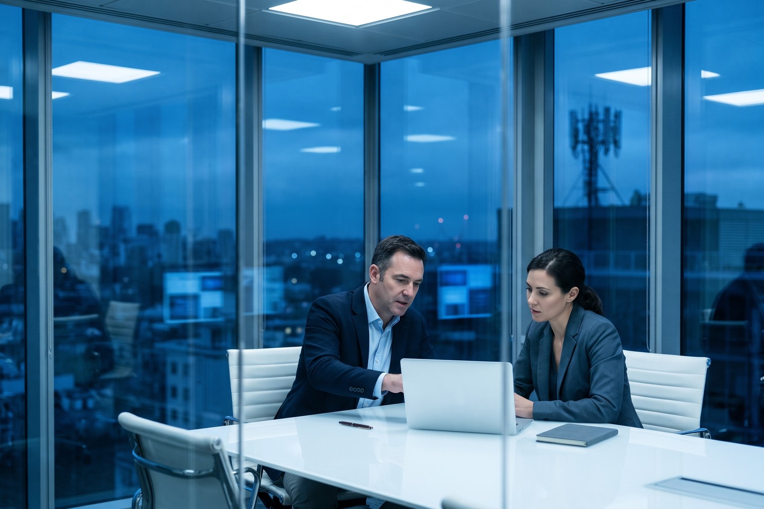 Telecom support director and IT security lead in a US office weighing a self-hosted Origins AI voice agent