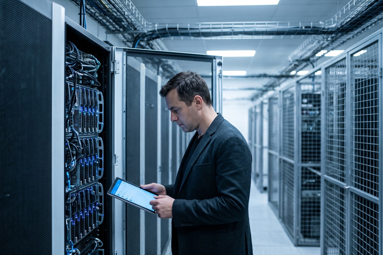 Security architect in a United States data center checking a self-hosted Origins AI helpdesk chatbot running on company servers