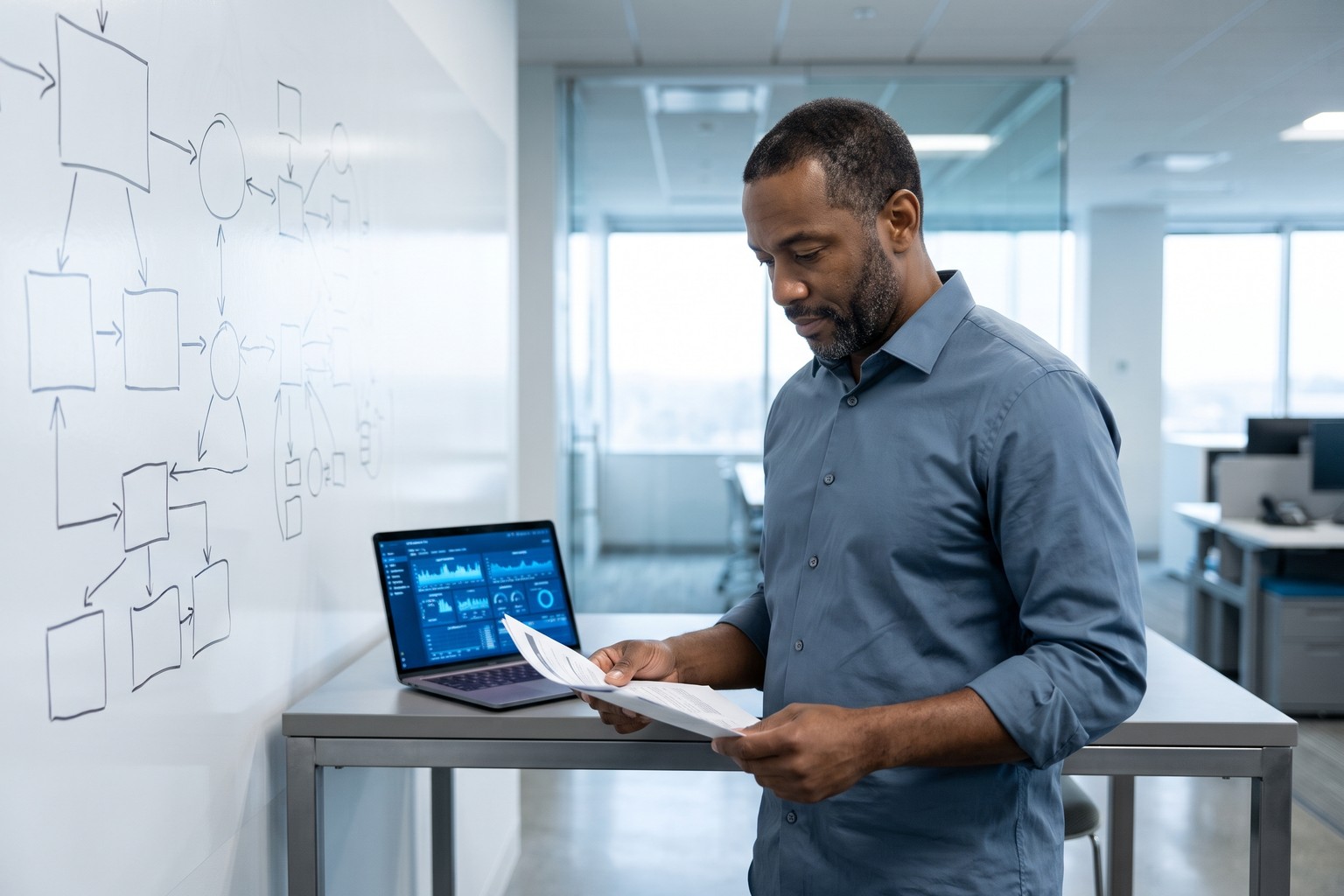 Infrastructure engineer in a United States office reviewing a runbook and monitoring dashboard before deciding on an Origins AI incident agent