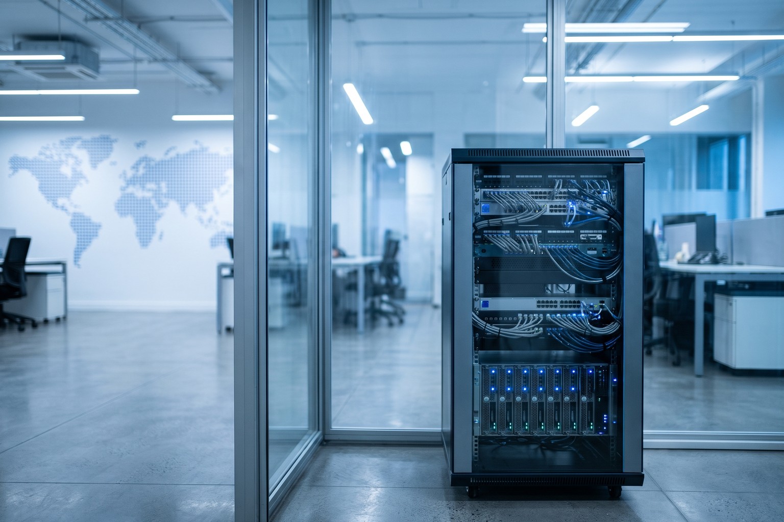 On-premise server rack in a US travel company office running an Origins AI voice agent for traveler calls
