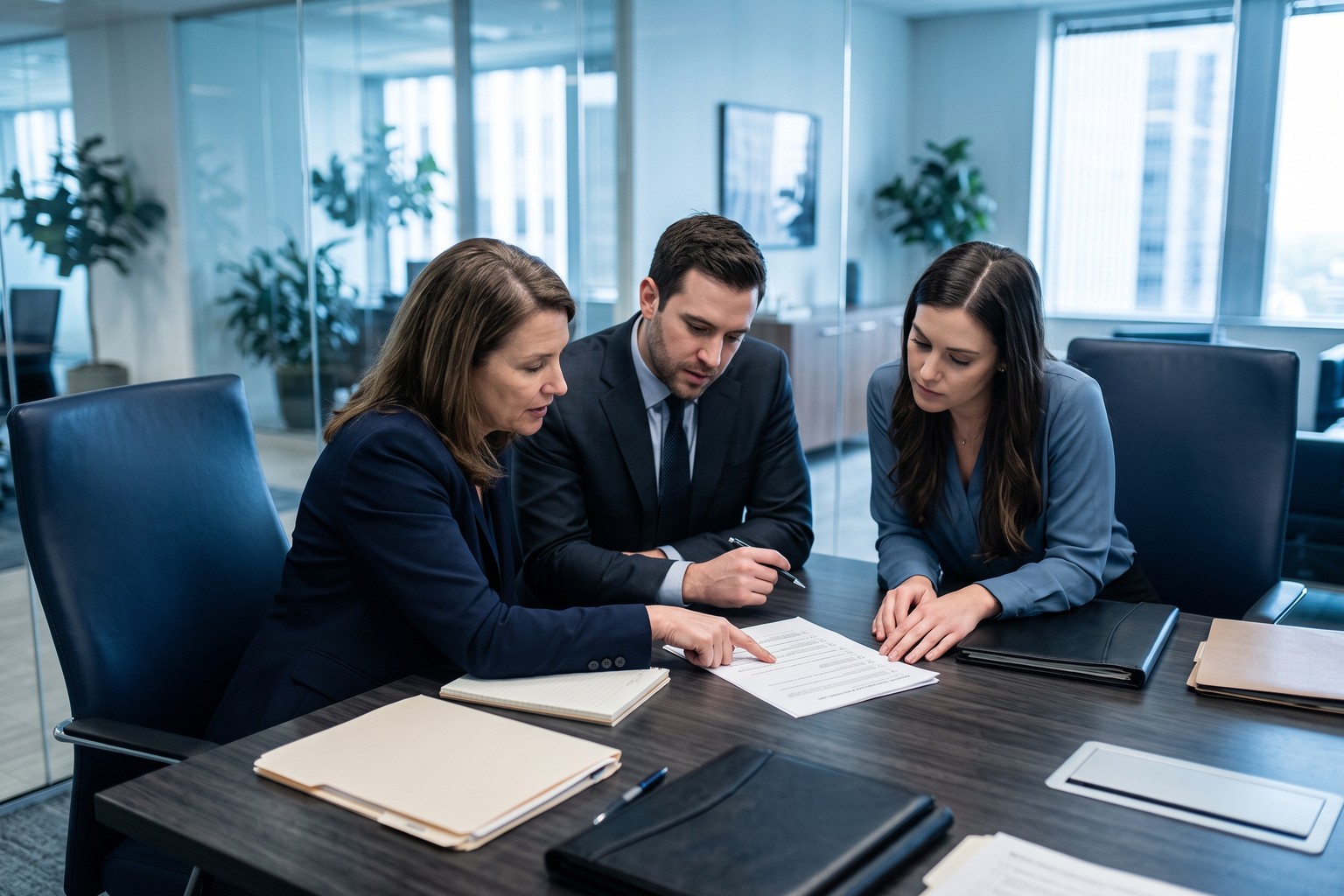 Attorneys and an intake coordinator writing the screening script for an Origins AI legal intake rollout in the United States