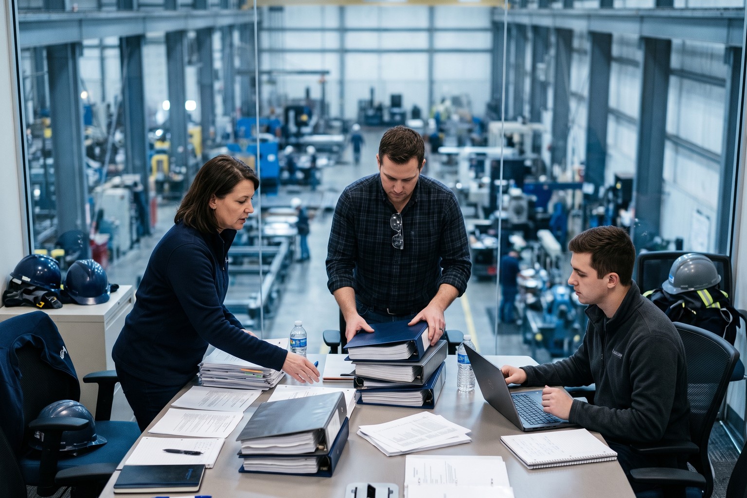 Operations, engineering and IT leads at a United States plant sorting SOP binders and manuals before an AI assistant rollout