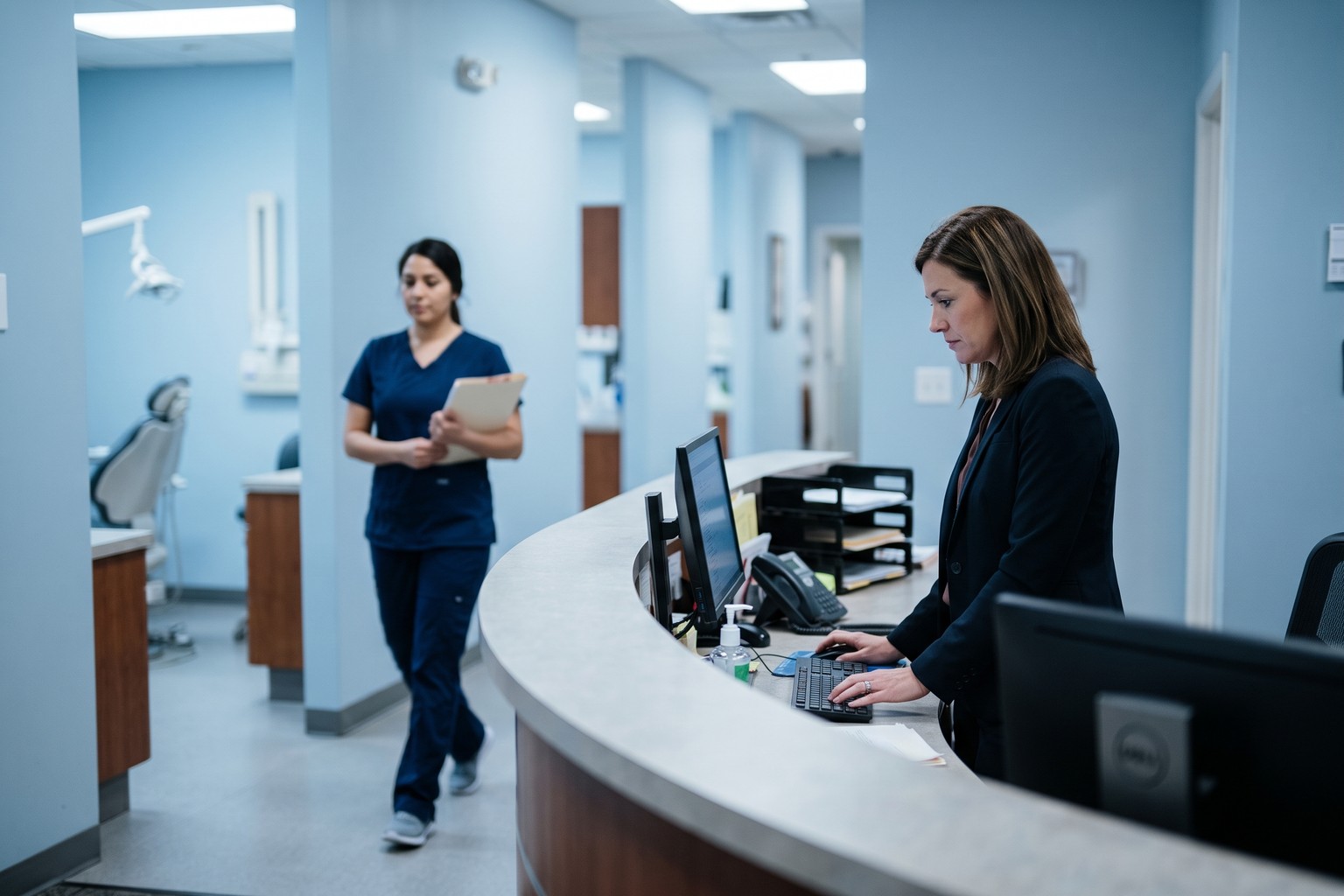 Dental practice manager at the front desk during an Origins AI rollout across a United States dental group