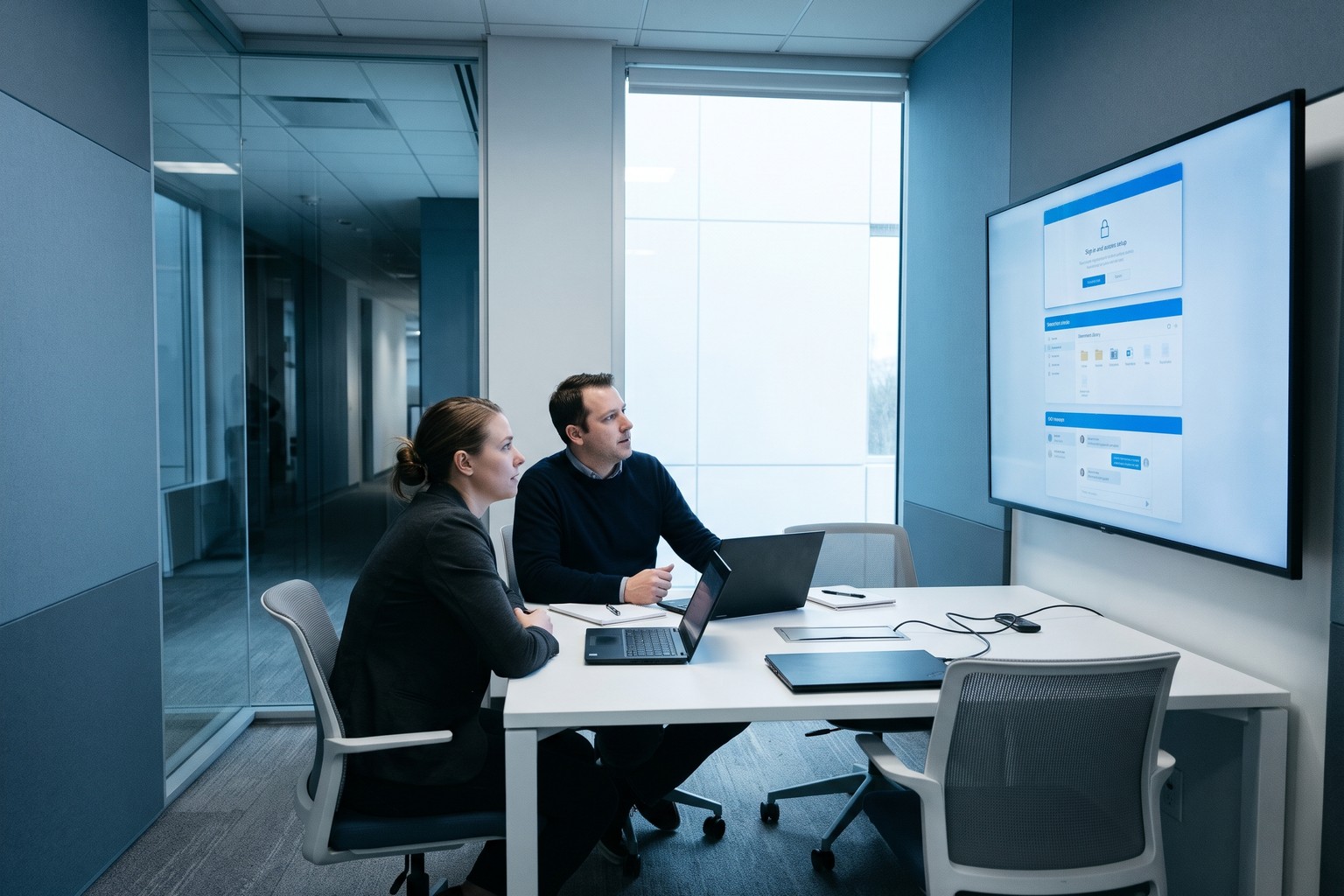 Two IT engineers in a United States meeting room reviewing sign-on, knowledge and chat setup for an Origins AI helpdesk assistant rollout