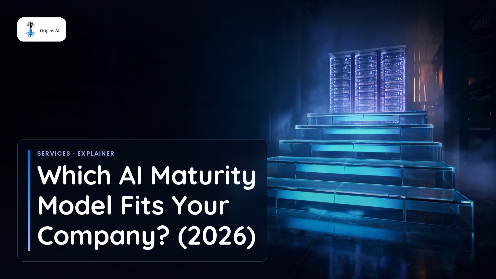 Glass steps rising toward a lit server rack, with the title Which AI Maturity Model Fits Your Company? (2026)