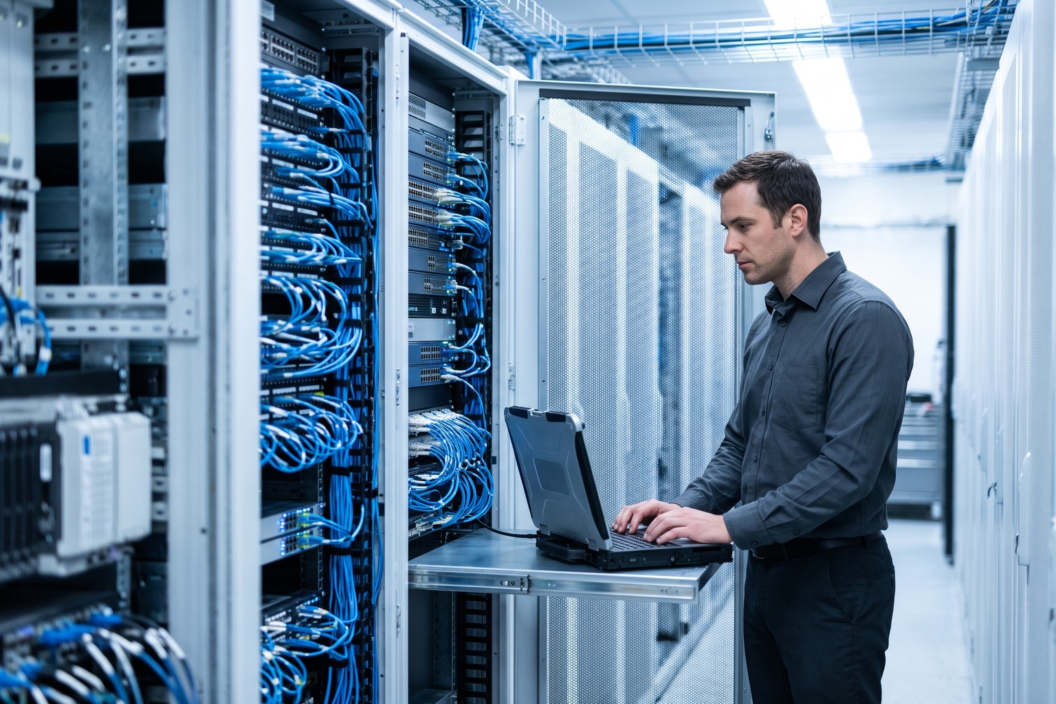 Network engineer in a US telecom data center where an Origins AI voice agent runs on the carrier's own servers