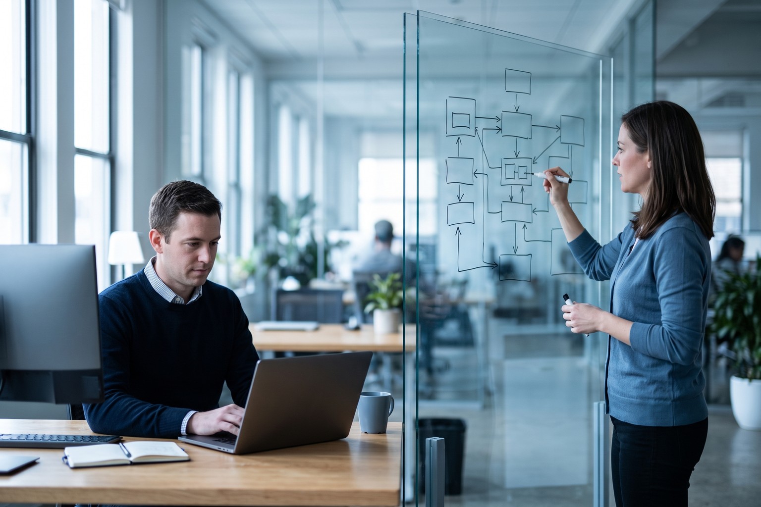 Engineers planning an Origins AI implementation rollout at a whiteboard in a United States enterprise office