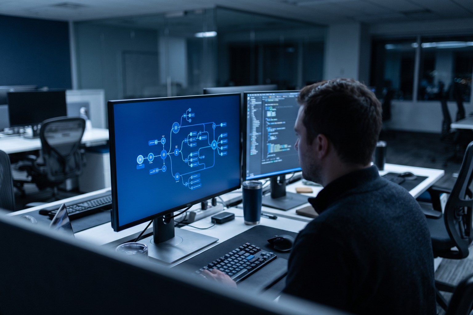Engineer reviewing the tool and permission design for an Origins AI agent build in a United States office