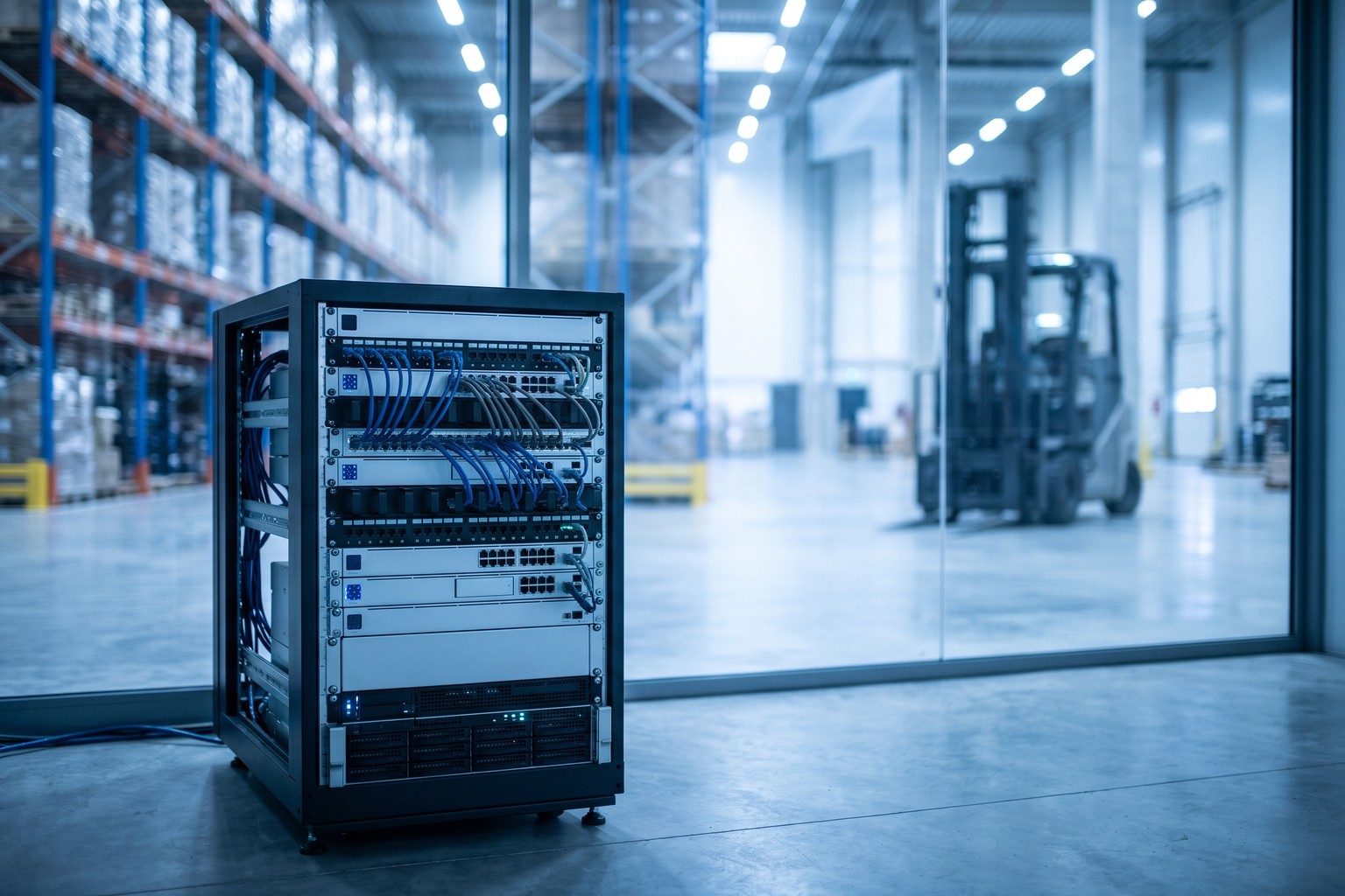 On-premise server rack in a US distribution center running an Origins AI voice agent for dispatch calls