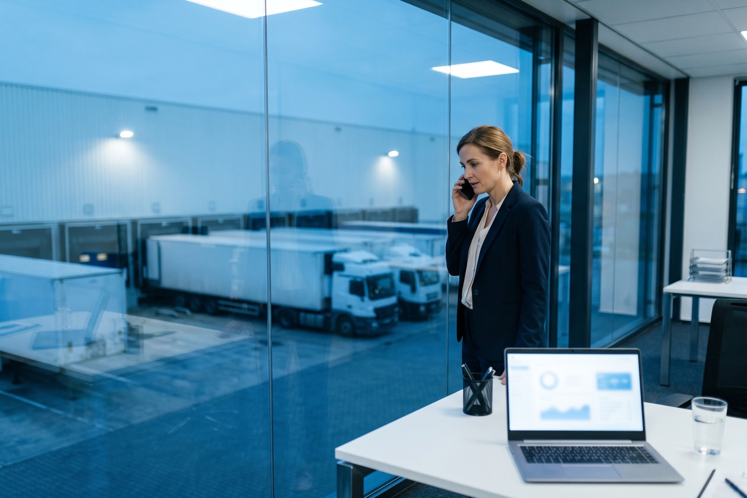 Logistics operations manager above a US loading dock on a call, weighing a self-hosted Origins AI voice agent