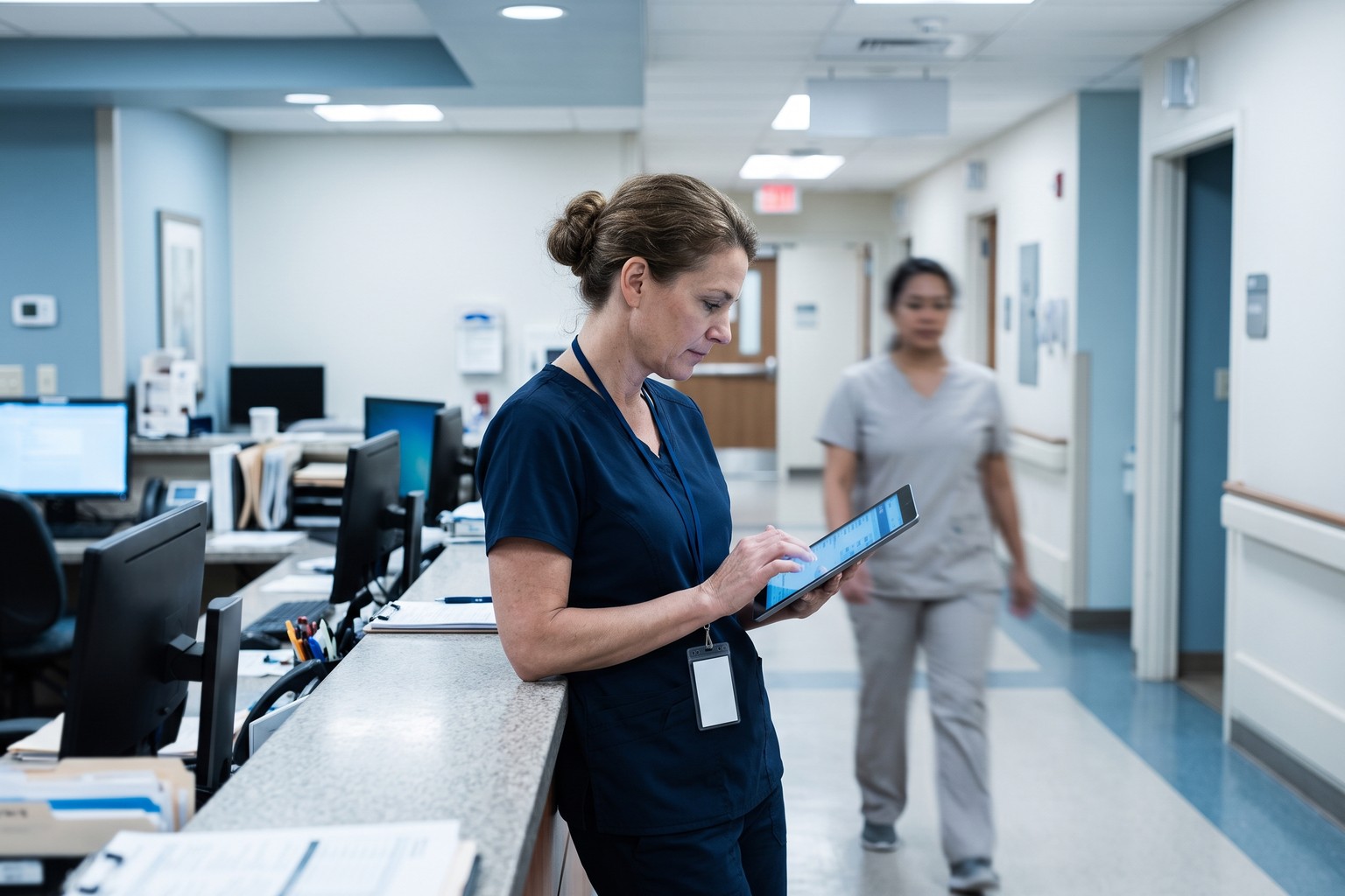 Practice manager reviewing call handling at a United States clinic nurses station during an Origins AI rollout