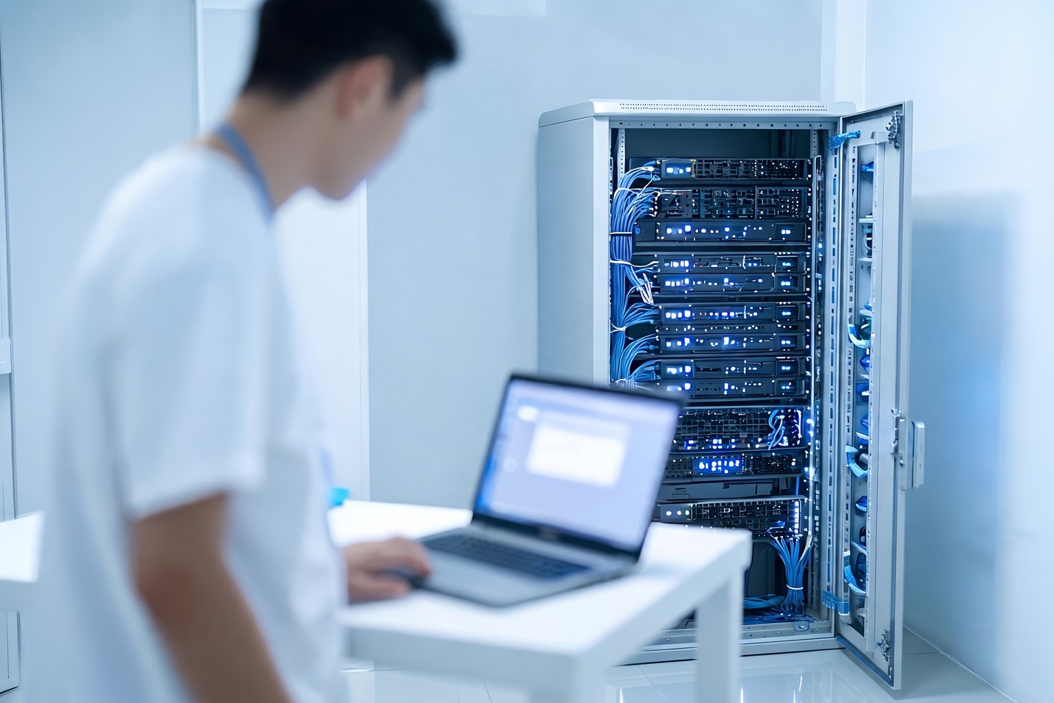 On-premise server rack in a US hospital IT room running an Origins AI healthcare voice agent