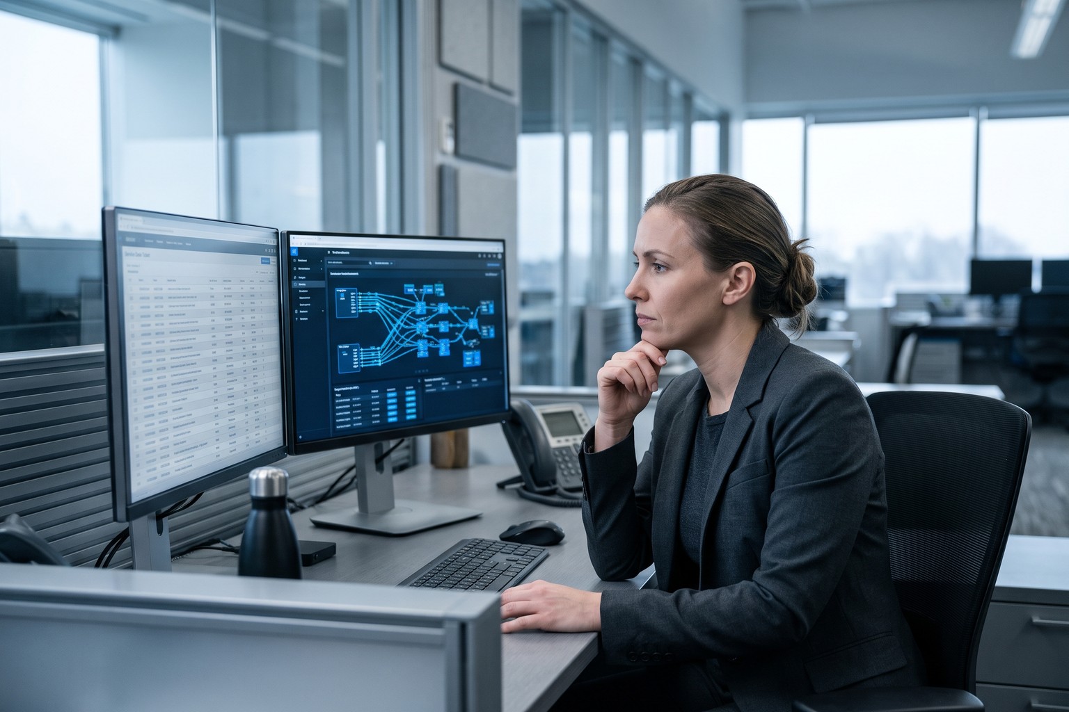 IT operations manager in a United States office comparing a built-in service desk ticket list with a custom Origins AI routing view