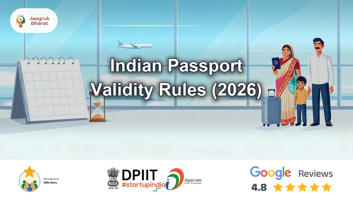 Indian family with a suitcase and blue passport beside a wall calendar and hourglass under a sky with an airplane
