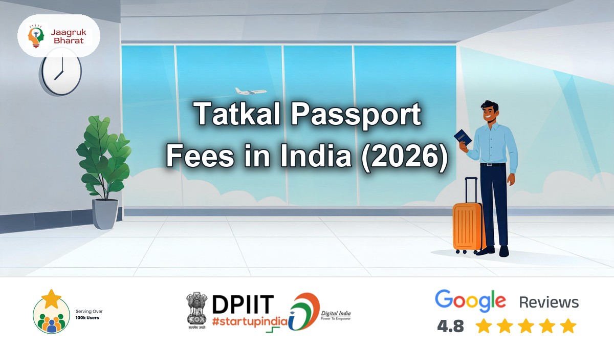 Indian traveller holding a blue passport beside an orange suitcase and a stopwatch, with a plane in a clear sky