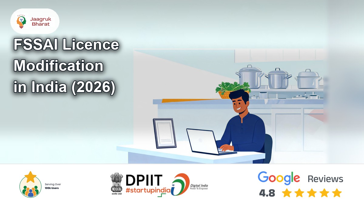 Food business owner at a laptop beside a licence certificate, on FSSAI licence modification in India