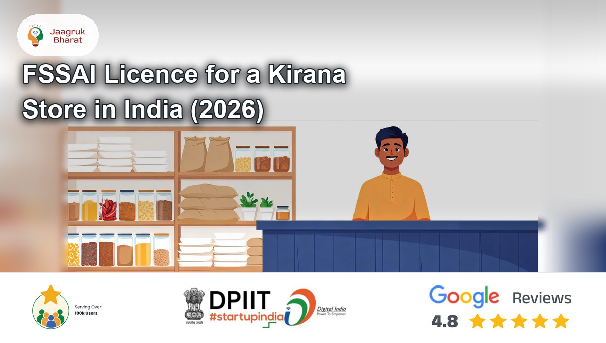 Kirana shopkeeper behind the counter with shelves of jars and grain sacks, on the FSSAI licence for a kirana store