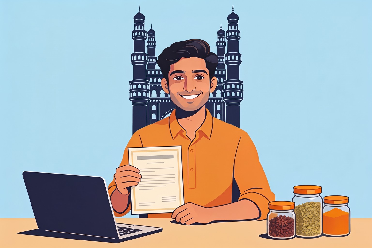 Illustration of a Hyderabad spice seller holding a GST registration certificate with Charminar behind him, for Jaagruk Bharat's GST registration consultant service in Hyderabad