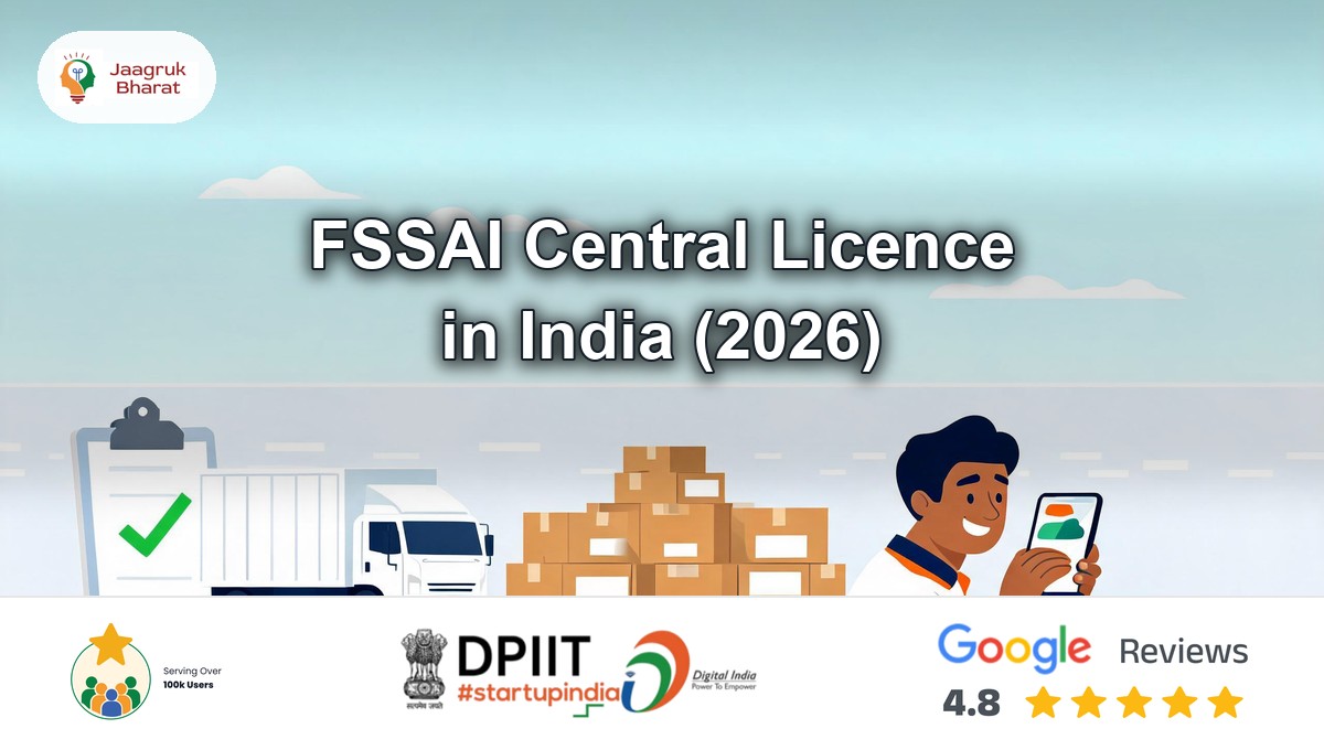 Food business owner applying for an FSSAI central license on a phone beside export cartons