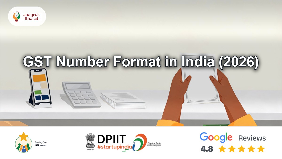 GST number format in India: shop owner's hands holding a registration certificate beside phone