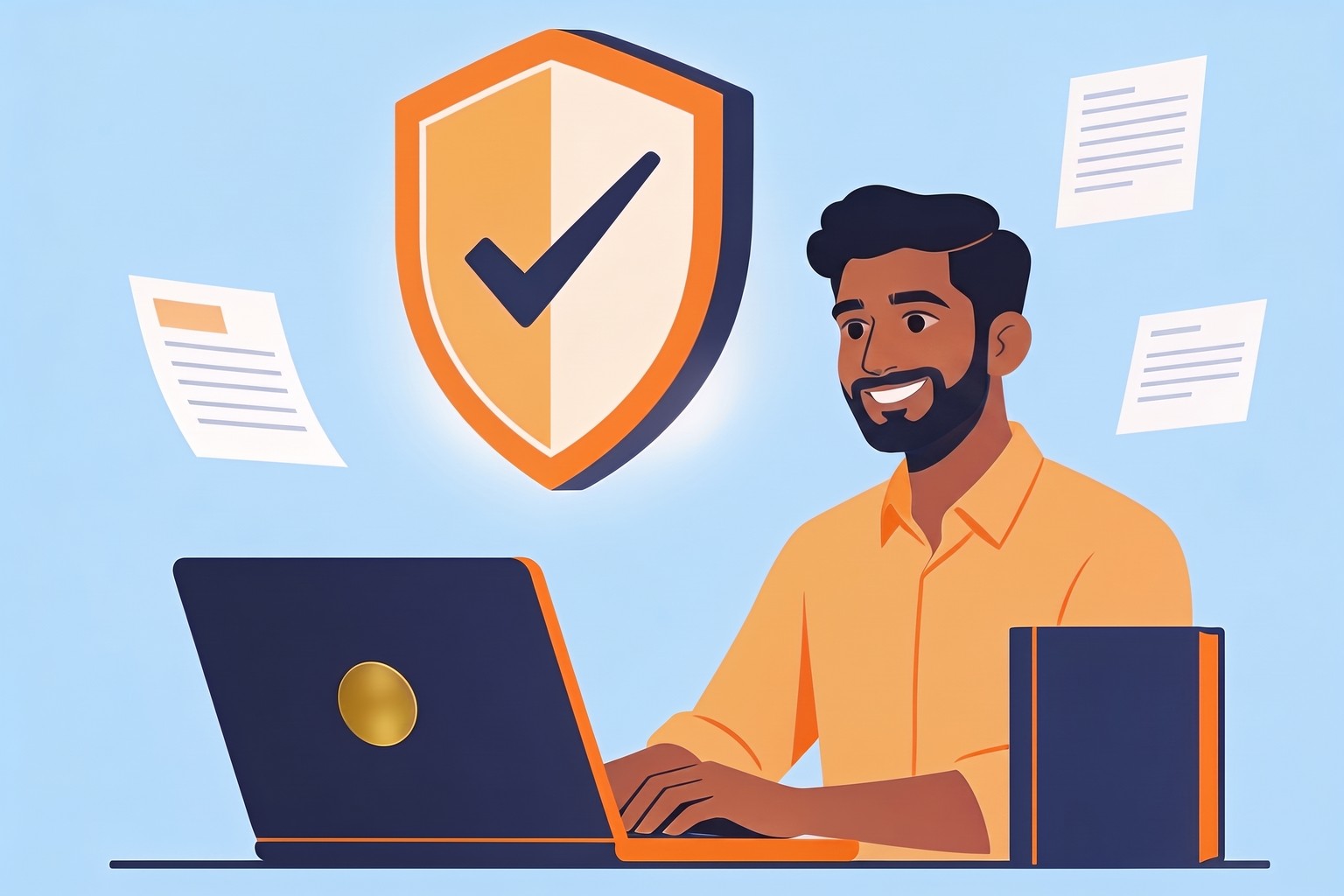 Illustration of an Indian man at a laptop with a shield and check mark, showing Jaagruk Bharat online passport help as a private facilitator