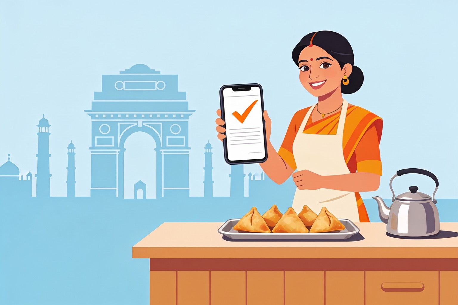 Illustration of a Delhi cafe owner showing an approved FSSAI certificate on her phone, for Jaagruk Bharat's FSSAI license consultant in Delhi