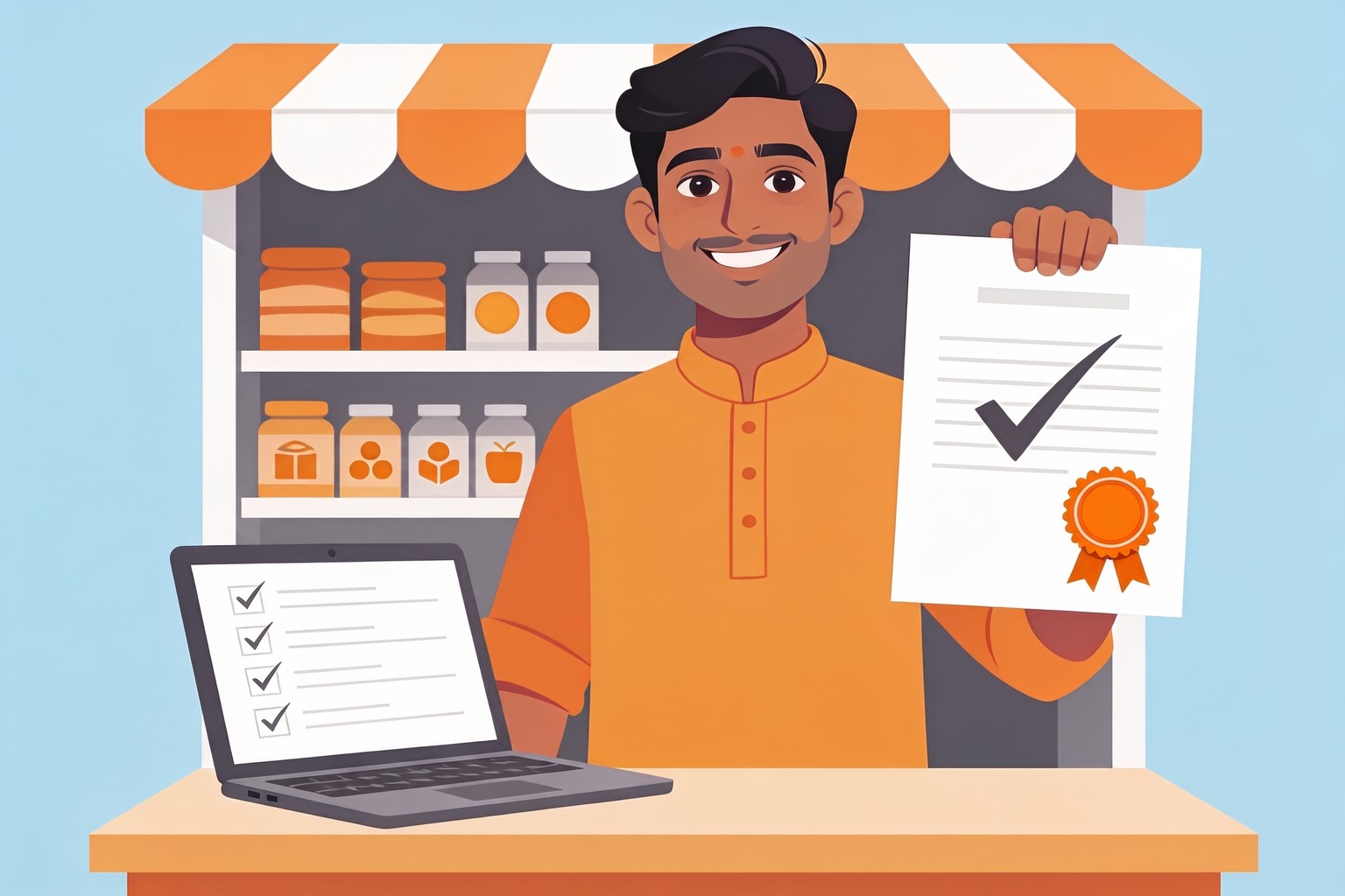 Illustration of a shop owner holding an approved GST registration certificate, for Jaagruk Bharat's online GST registration service provider across India