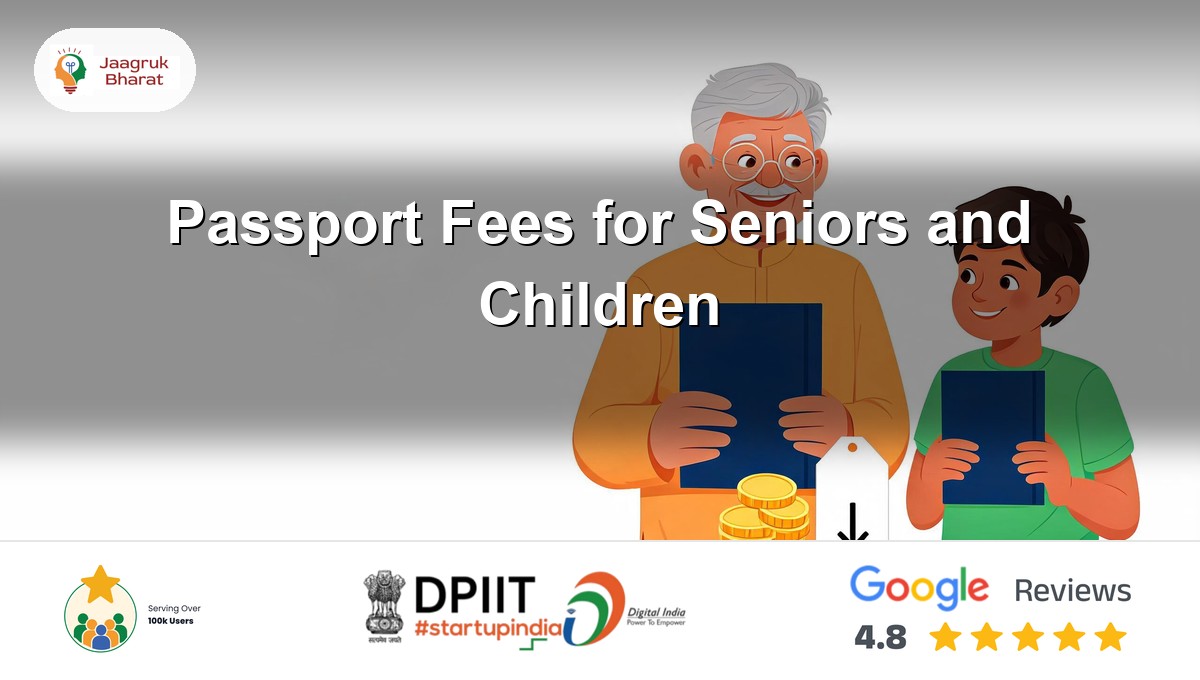 Grandfather and grandchild with passports and a fee discount tag - Jaagruk Bharat passport fee guide