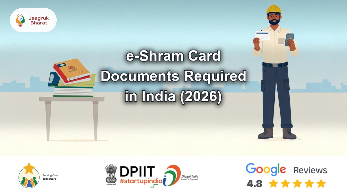 Construction worker holding an ID card and mobile phone next to a passbook - e-Shram card documents required