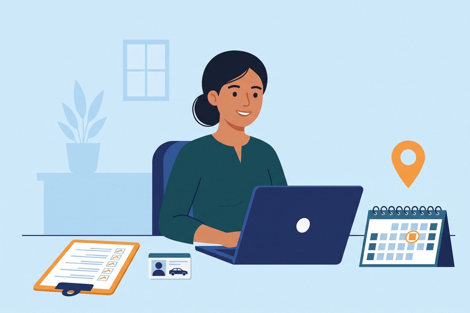 Illustration of a woman checking driving licence documents and a booked RTO slot online with Jaagruk Bharat