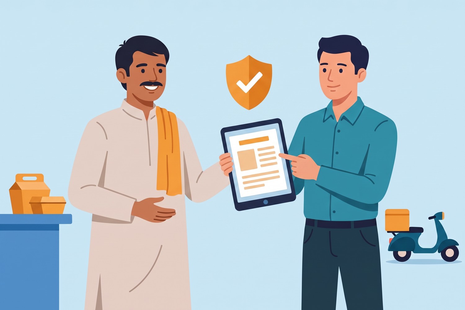 Illustration of a food seller and a Jaagruk Bharat advisor reviewing a licence document on a tablet with a shield and tick, India