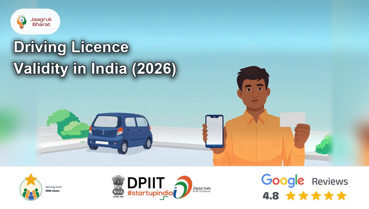 Indian driver holding a licence card and a phone calendar beside a car, on driving licence validity in India