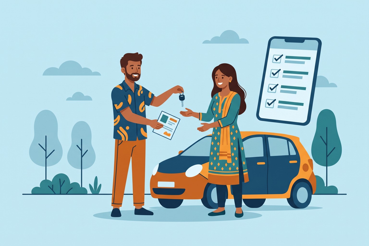 Illustration of a vehicle seller handing a car key and registration card to the buyer, an RC transfer handled online with Jaagruk Bharat across India
