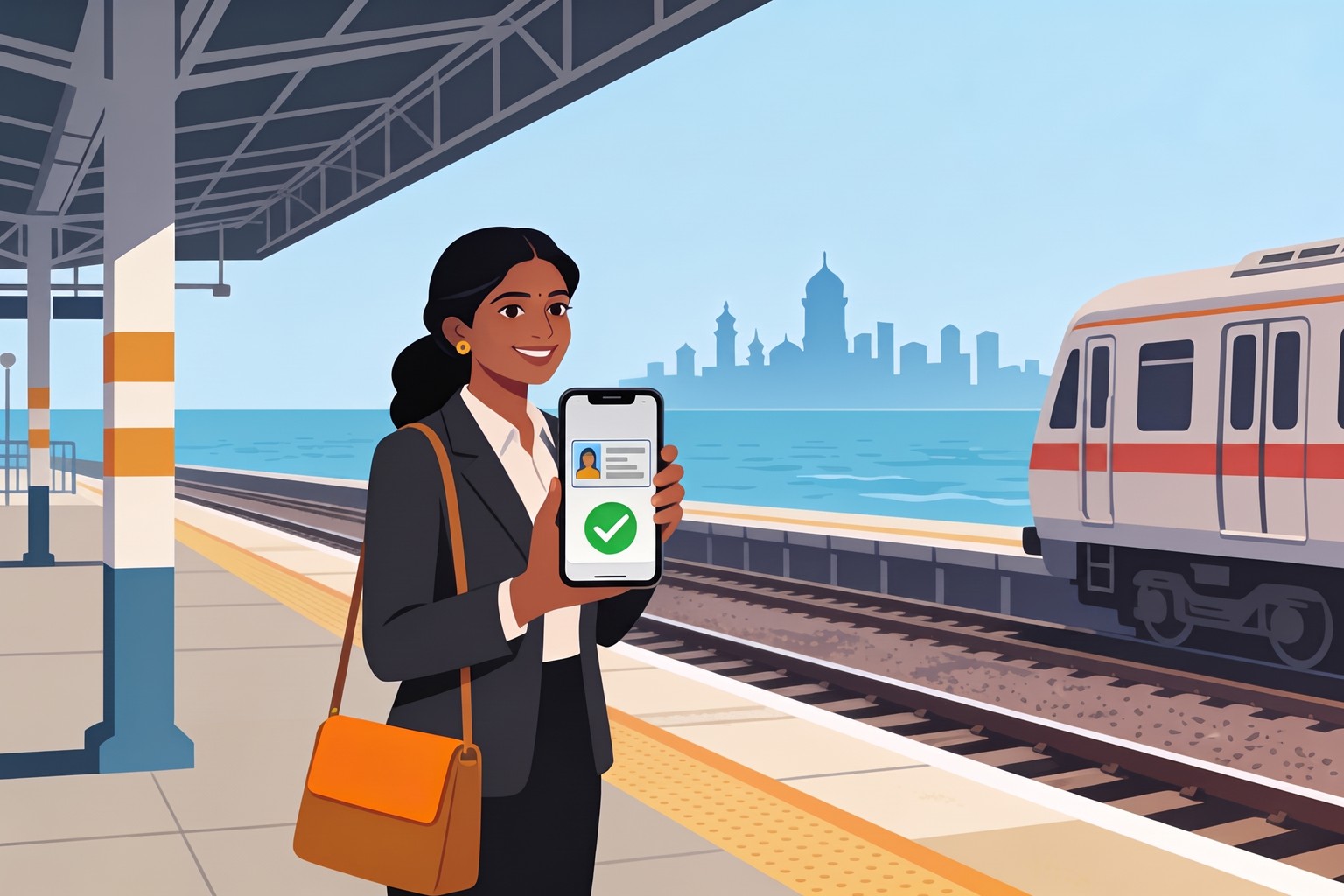 Illustration of a woman on a Mumbai railway platform checking her driving licence application online with Jaagruk Bharat