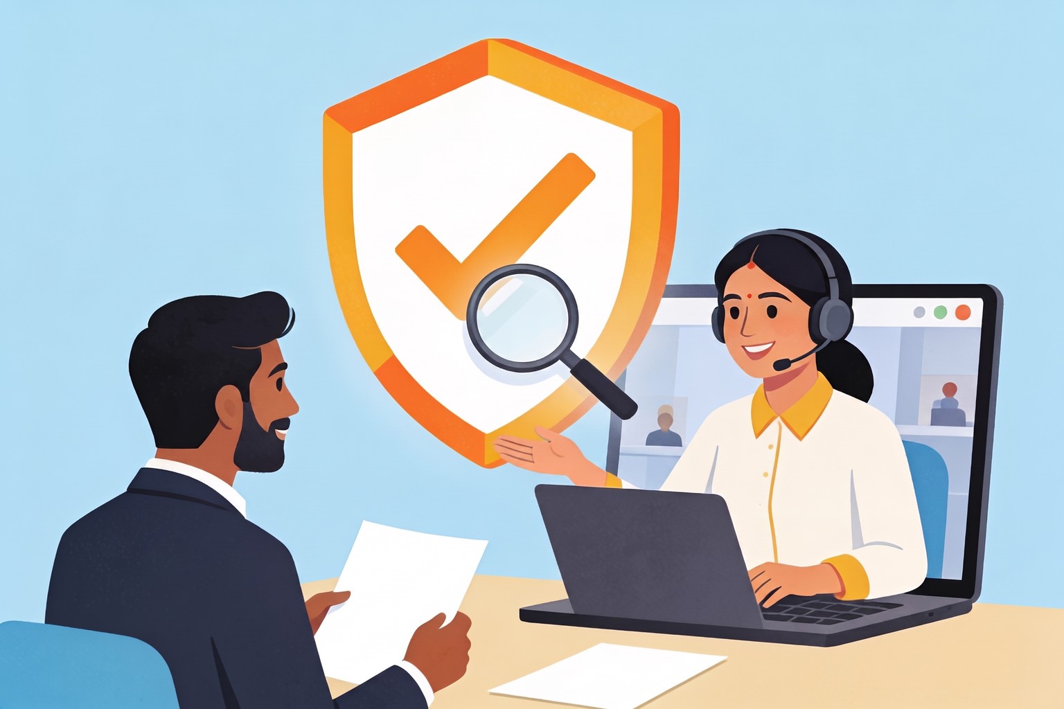 Illustration of a Jaagruk Bharat advisor on a video call checking a business owner's GST documents, India