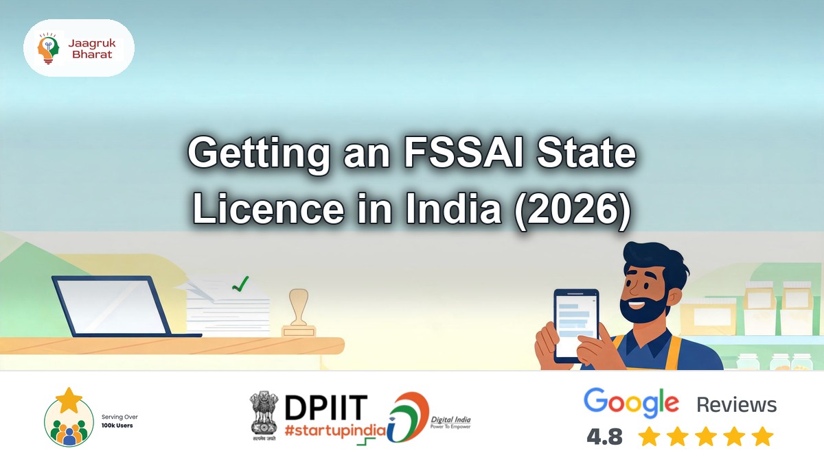 Food business owner with phone, laptop and documents for an FSSAI state license application