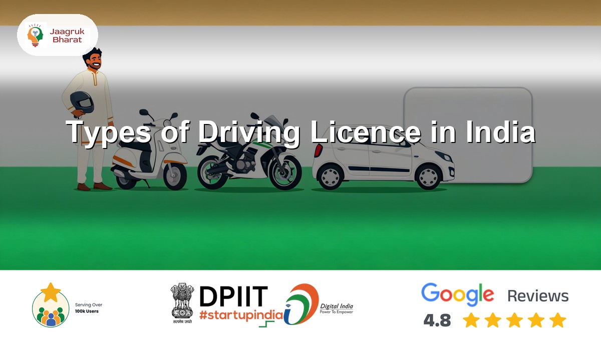 A scooter, motorcycle and car beside a driving licence card showing vehicle classes - Jaagruk Bharat guide