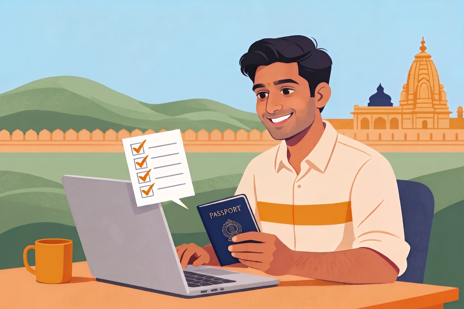 Illustration of a smiling young man in Pune at a laptop holding his passport beside a ticked checklist, for Jaagruk Bharat's online passport agent help in Pune