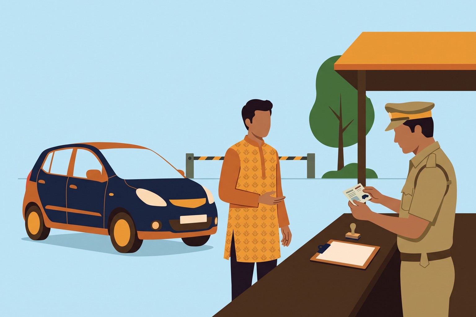 Illustration of a vehicle owner and a transport officer checking a vehicle document at the RTO, a step that can be in person