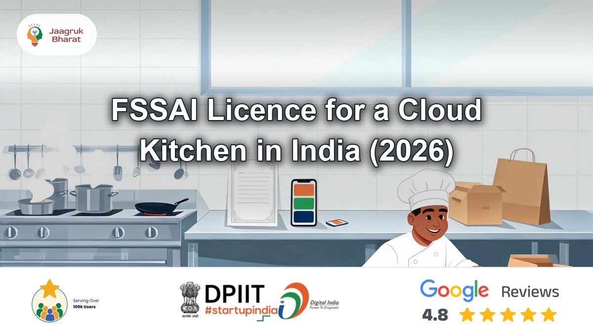 Chef packs delivery boxes beside a blank certificate, illustrating FSSAI license for cloud kitchen