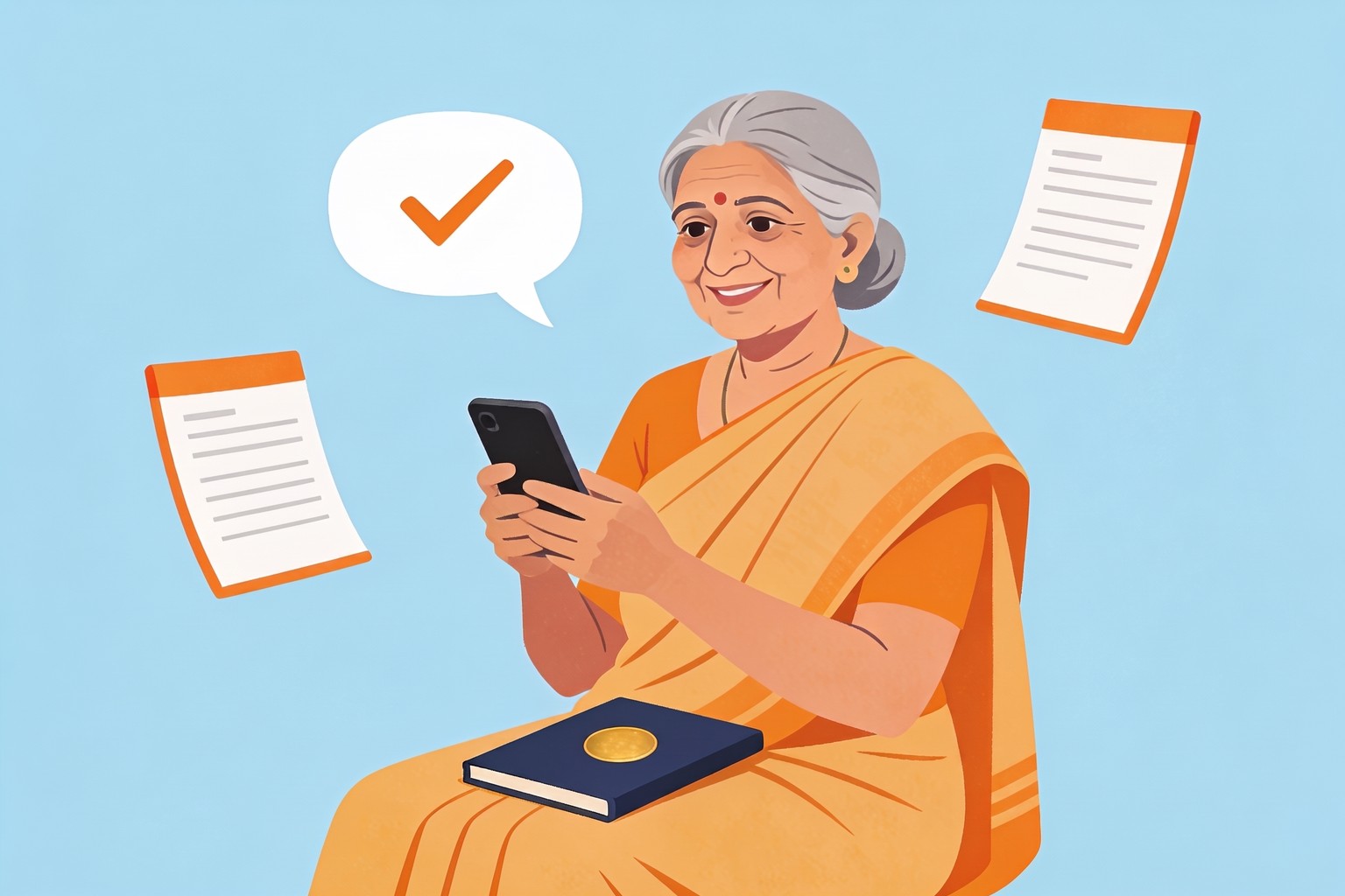 Illustration of a senior Indian woman using a phone with a passport booklet in her lap, Jaagruk Bharat online passport renewal help as a private facilitator