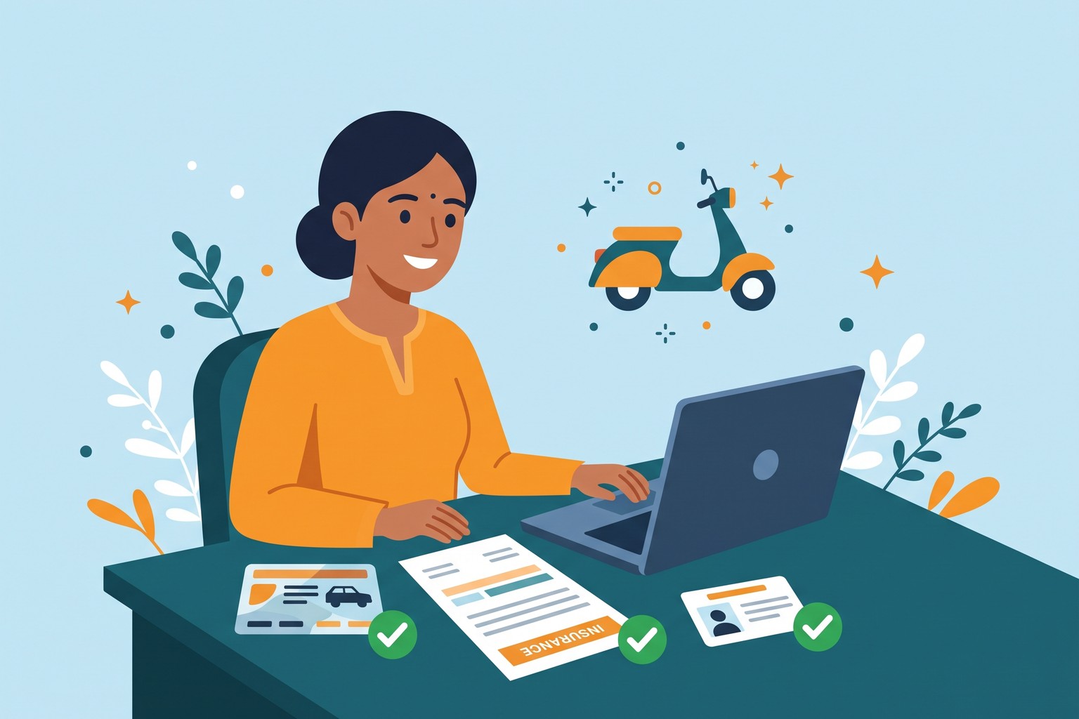 Illustration of a woman checking vehicle registration, insurance and ID documents on a laptop with Jaagruk Bharat
