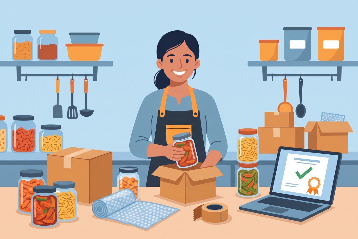 Illustration of an online food seller packing jars into parcels beside a laptop showing a certificate, for Jaagruk Bharat's FSSAI license for ecommerce service in India