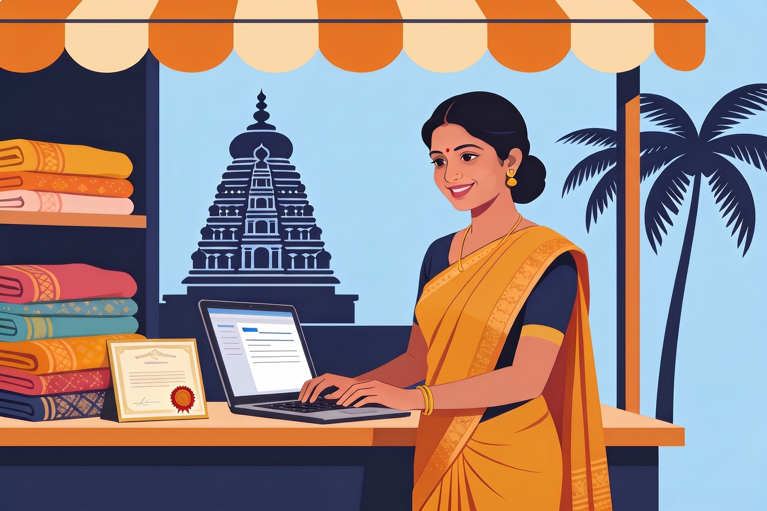 Illustration of a Chennai saree seller completing GST registration on a laptop at her shop counter, temple tower and palms behind, for Jaagruk Bharat's GST registration consultant service in Chennai