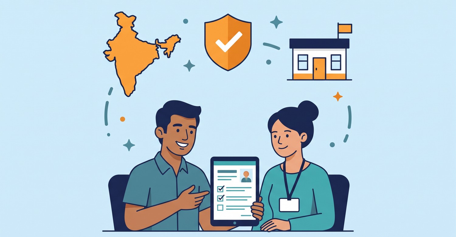 Illustration of an applicant and a Jaagruk Bharat helper reviewing a Tatkal passport application on a tablet, with a map of India