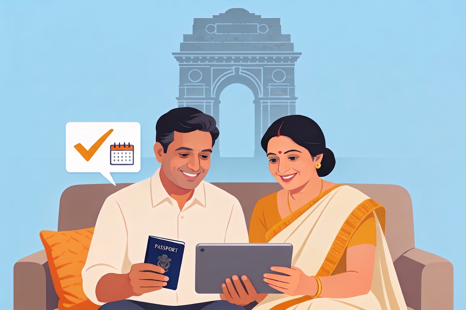 Illustration of a couple on a sofa checking a passport application on a tablet with India Gate behind them, for Jaagruk Bharat's online passport assistance in Delhi